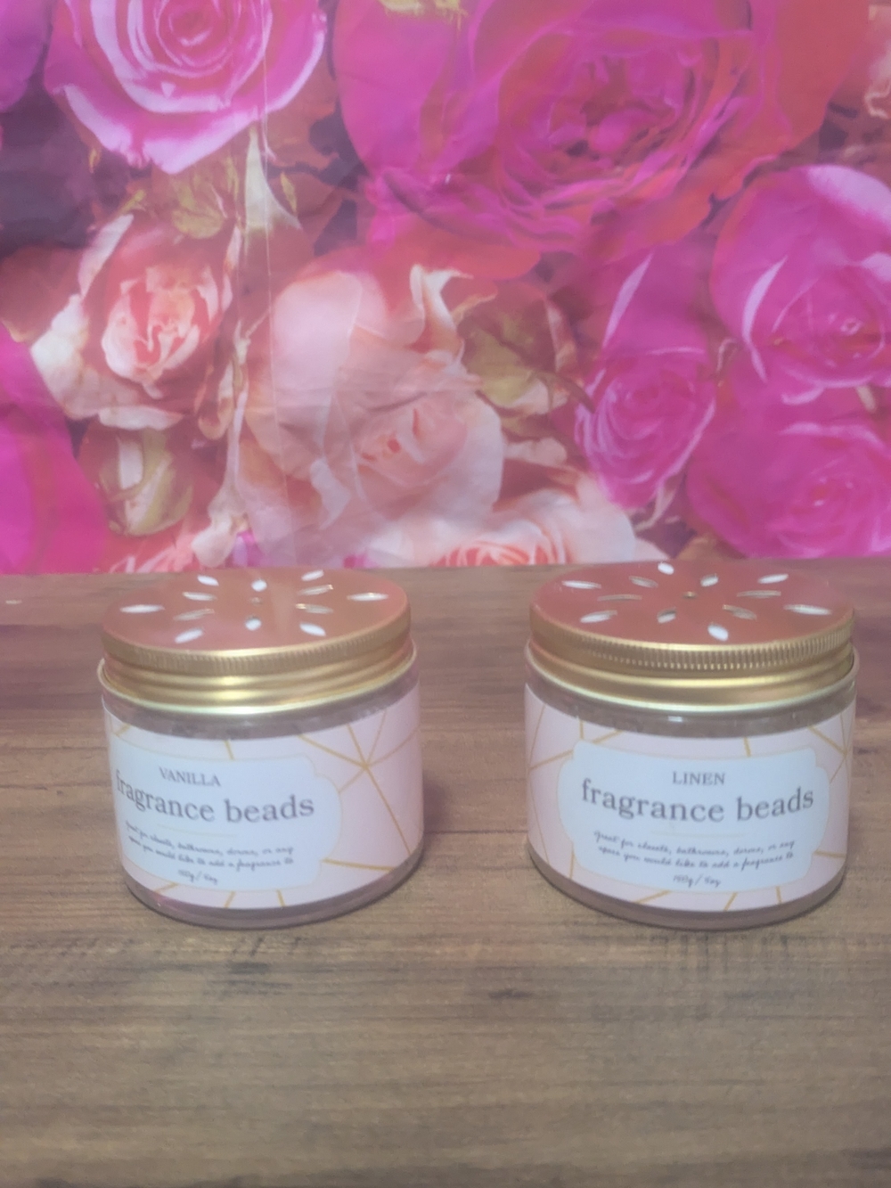 Fragrance Beads Jar Set - Pink and Gold Scented Beads (Vanilla & Linen)